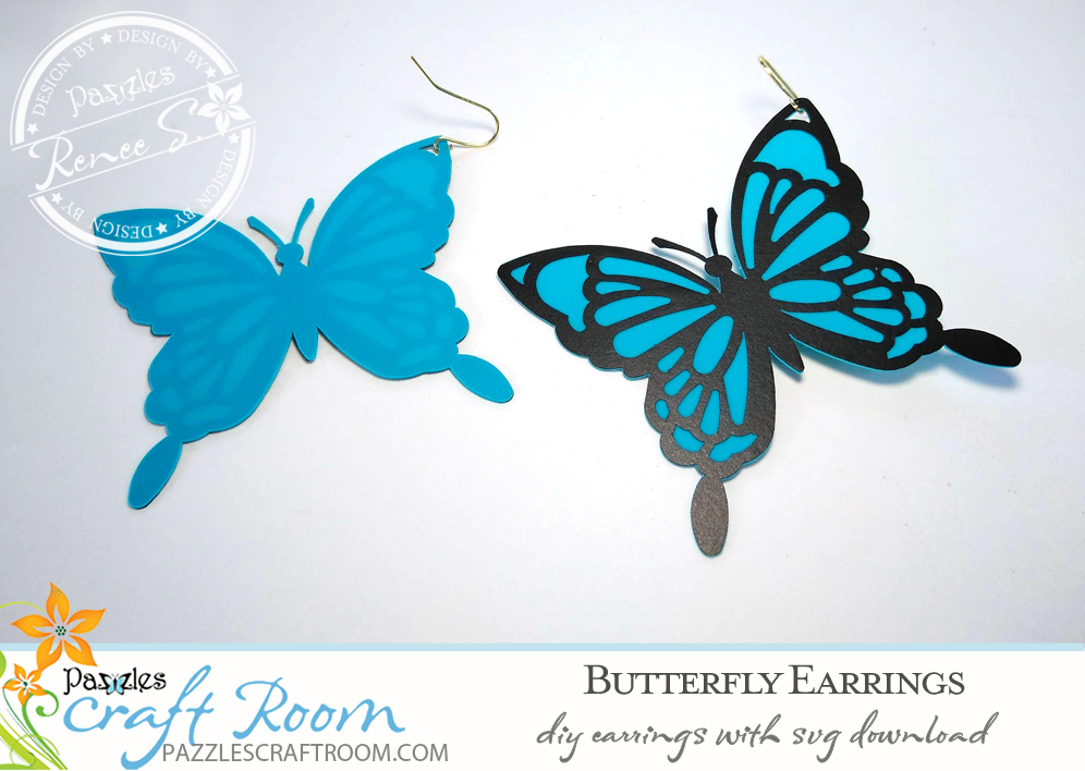 Pazzles DIY Butterfly Earrings with instant SVG download. Compatible with all major electronic cutters including Pazzles Inspiration, Cricut, and Silhouette Cameo. Design by Renee Smart.