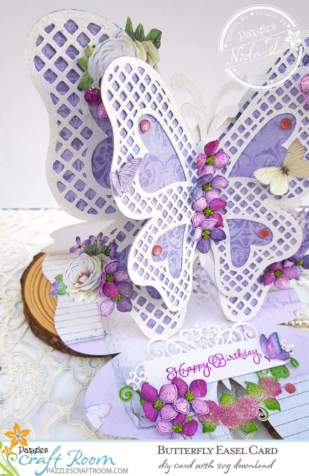 Pazzles DIY Butterfly Easel Card with instant SVG download. Compatible with all major electronic cutters including Pazzles Inspiration, Cricut, and Silhouette Cameo. Design by Nida Tanweer.