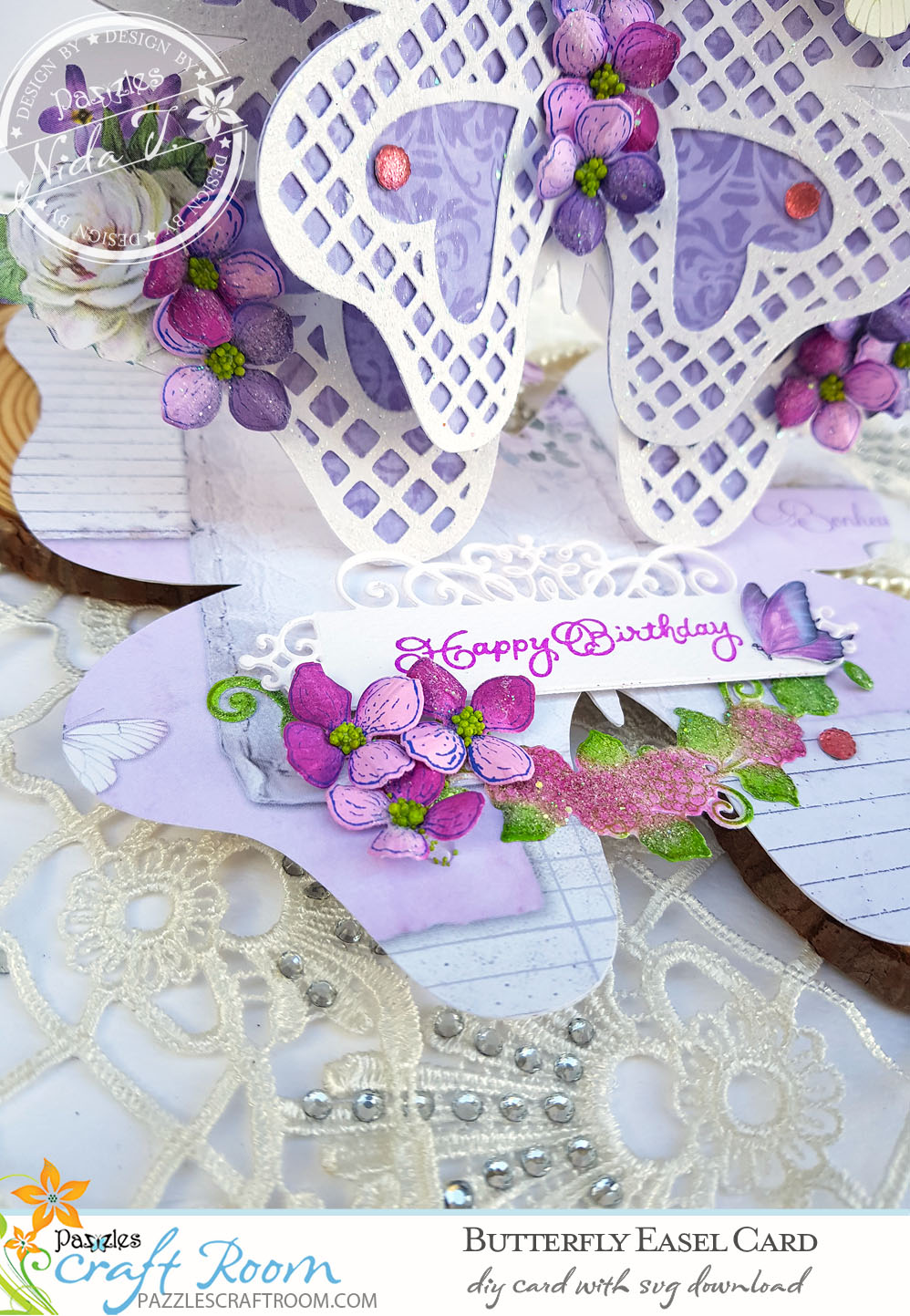 Pazzles DIY Butterfly Easel Card with instant SVG download. Compatible with all major electronic cutters including Pazzles Inspiration, Cricut, and Silhouette Cameo. Design by Nida Tanweer.