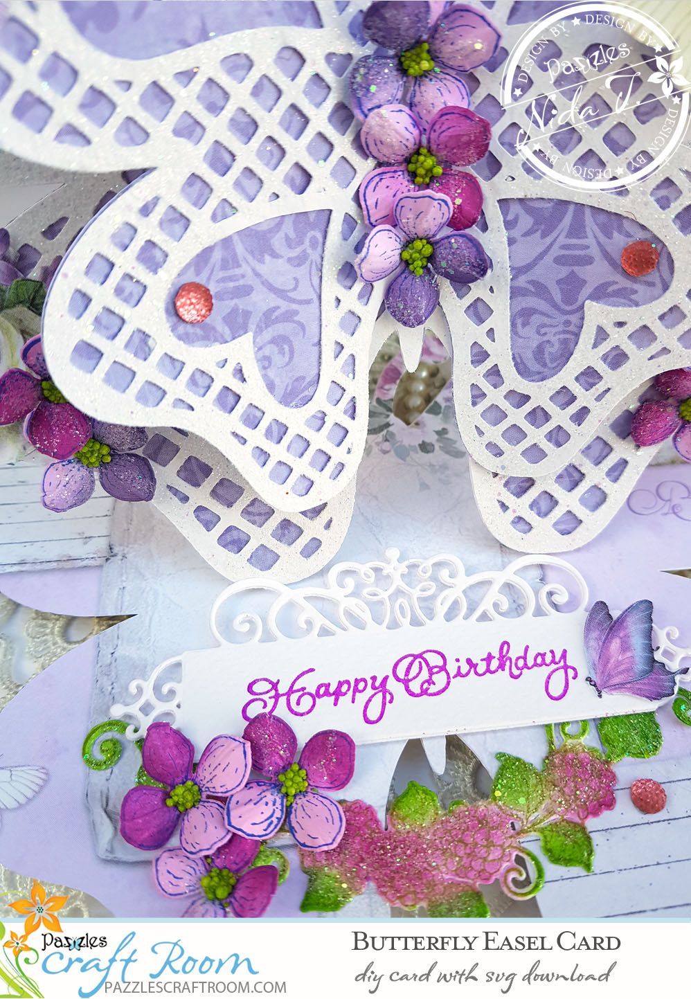 Pazzles DIY Butterfly Easel Card with instant SVG download. Compatible with all major electronic cutters including Pazzles Inspiration, Cricut, and Silhouette Cameo. Design by Nida Tanweer.