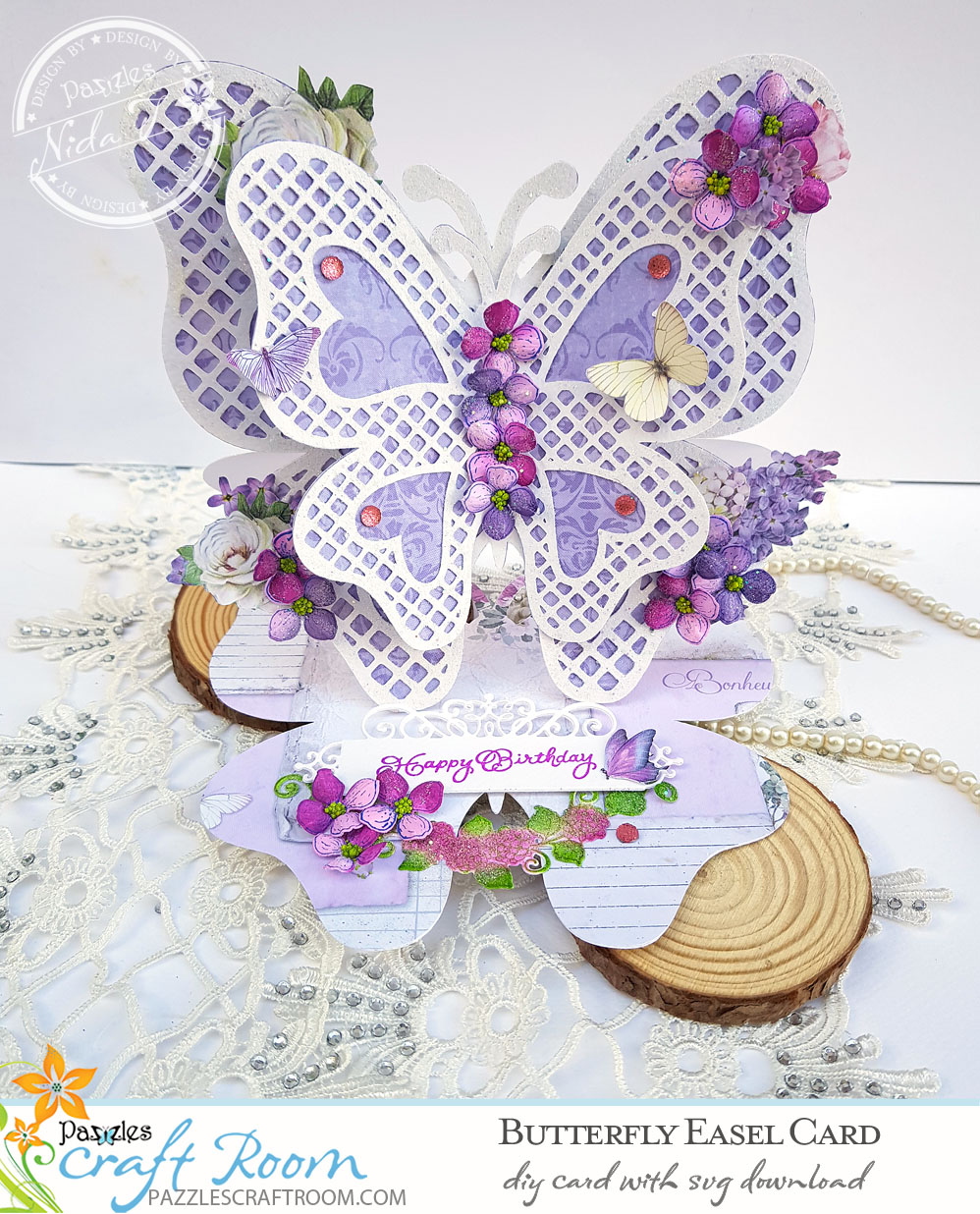 Pazzles DIY Butterfly Easel Card with instant SVG download. Compatible with all major electronic cutters including Pazzles Inspiration, Cricut, and Silhouette Cameo. Design by Nida Tanweer.