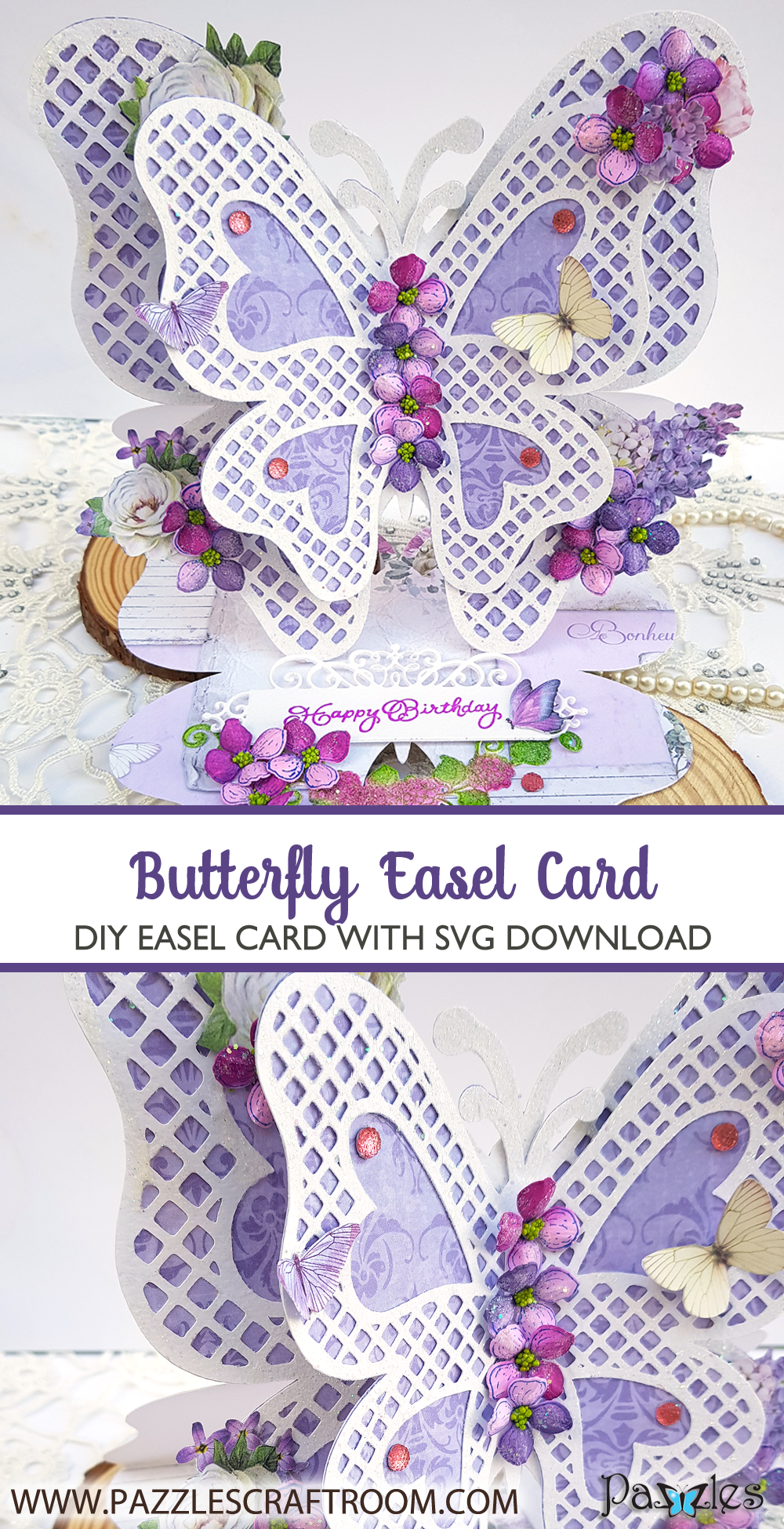 Pazzles DIY Butterfly Easel Card with instant SVG download. Compatible with all major electronic cutters including Pazzles Inspiration, Cricut, and Silhouette Cameo. Design by Nida Tanweer.