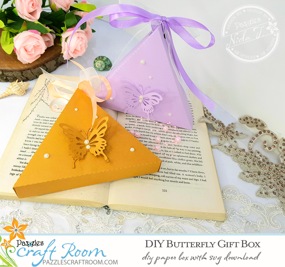 Pazzles DIY Butterfly Gift Box with instant SVG download. Compatible with all major electronic cutters including Pazzles Inspiration, Cricut, and Silhouette Cameo. Design by Nida Tanweer.