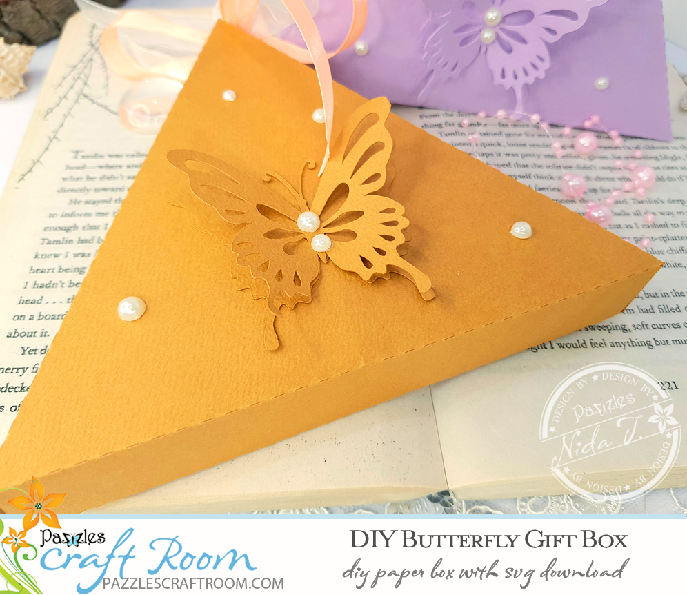 Pazzles DIY Butterfly Gift Box with instant SVG download. Compatible with all major electronic cutters including Pazzles Inspiration, Cricut, and Silhouette Cameo. Design by Nida Tanweer.