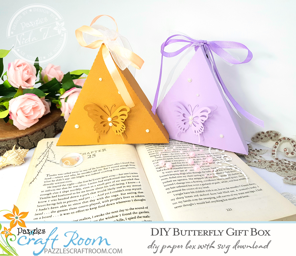 Pazzles DIY Butterfly Gift Box with instant SVG download. Compatible with all major electronic cutters including Pazzles Inspiration, Cricut, and Silhouette Cameo. Design by Nida Tanweer.