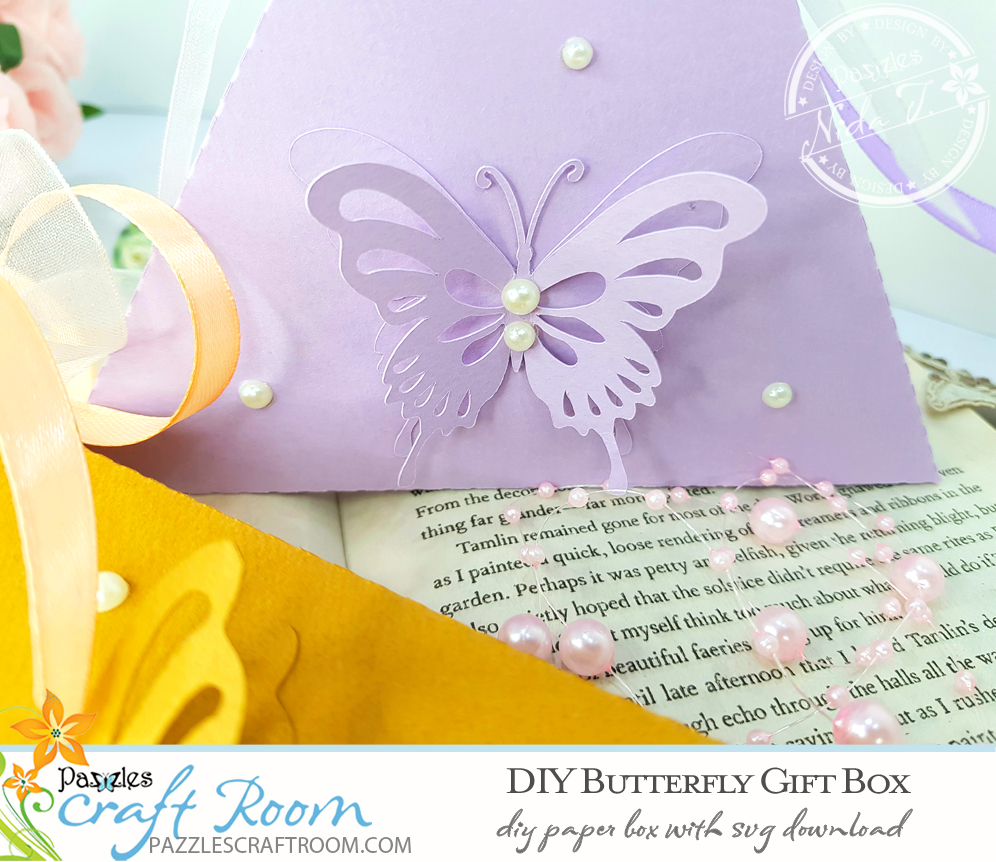 Pazzles DIY Butterfly Gift Box with instant SVG download. Compatible with all major electronic cutters including Pazzles Inspiration, Cricut, and Silhouette Cameo. Design by Nida Tanweer.