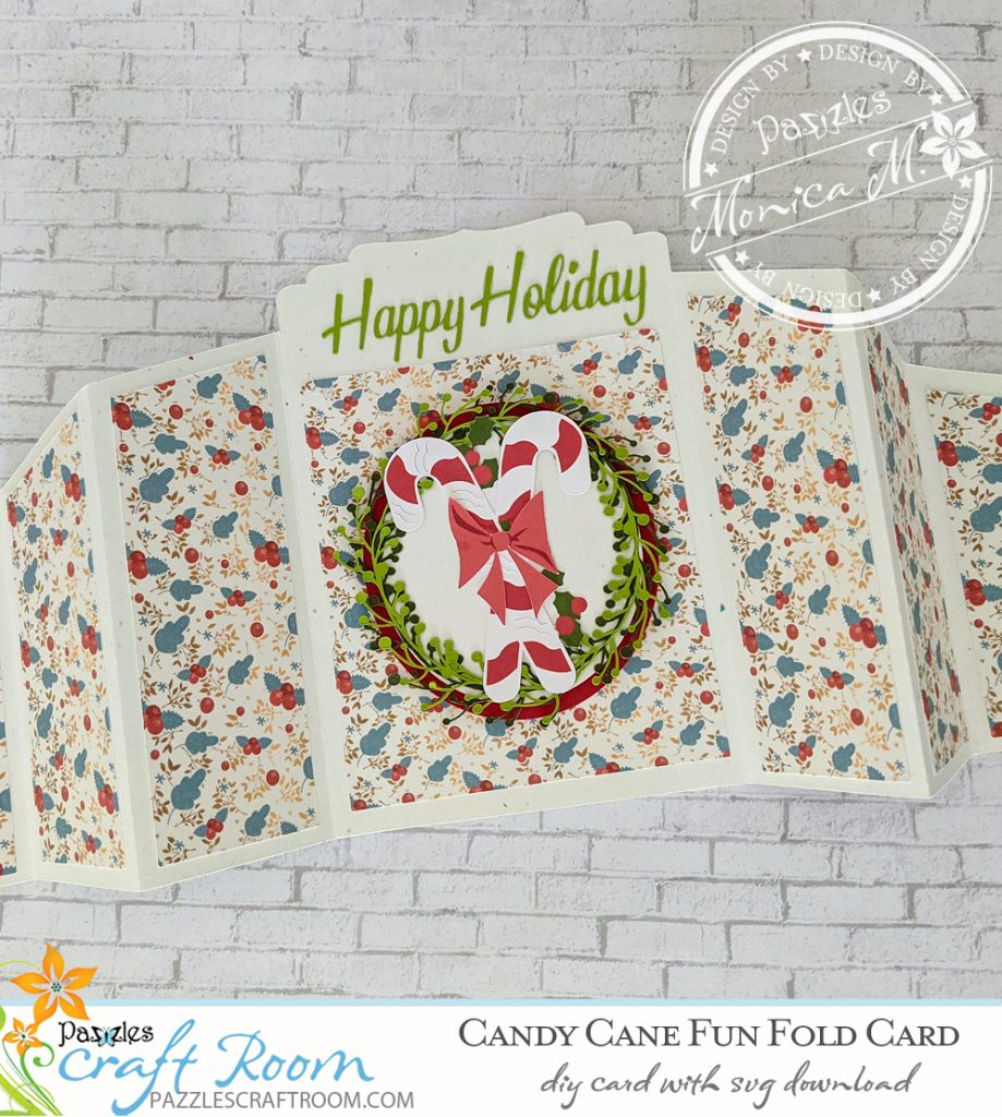 Pazzles DIY Candy Cane Fun Fold Holiday Card with instant SVG download. Compatible with all major electronic cutters including Pazzles Inspiration, Cricut, and Silhouette Cameo. Design by Monica Martinez.