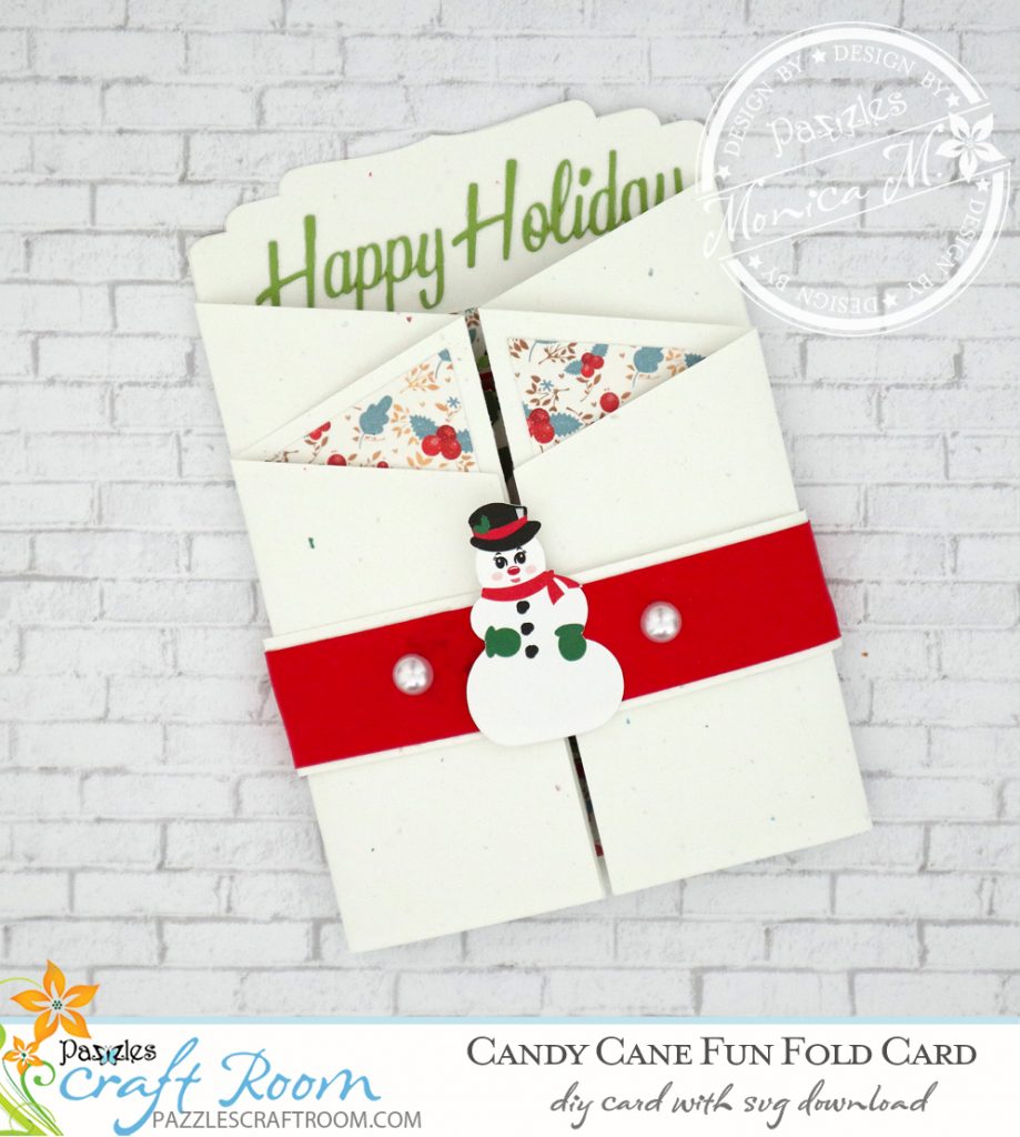 Pazzles DIY Candy Cane Fun Fold Holiday Card with instant SVG download. Compatible with all major electronic cutters including Pazzles Inspiration, Cricut, and Silhouette Cameo. Design by Monica Martinez.