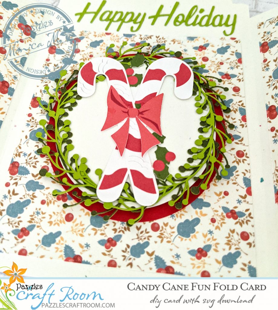 Pazzles DIY Candy Cane Fun Fold Holiday Card with instant SVG download. Compatible with all major electronic cutters including Pazzles Inspiration, Cricut, and Silhouette Cameo. Design by Monica Martinez.