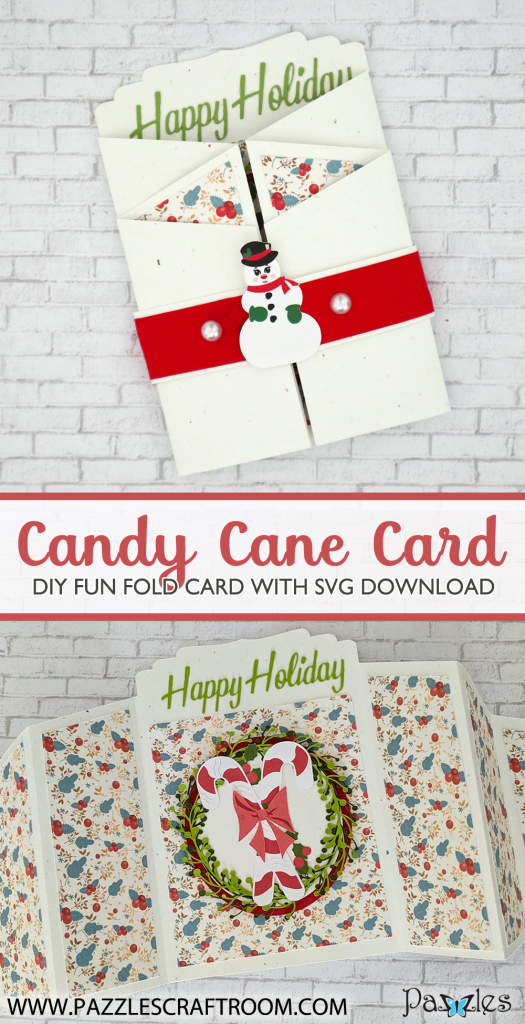 Pazzles DIY Candy Cane Fun Fold Holiday Card with instant SVG download. Compatible with all major electronic cutters including Pazzles Inspiration, Cricut, and Silhouette Cameo. Design by Monica Martinez.