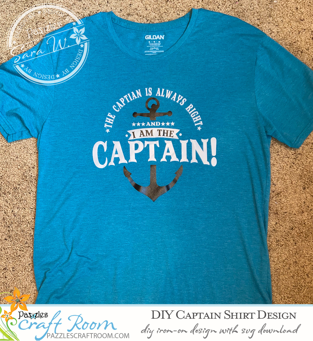 Pazzles DIY Captain Shirt Iron On Design with instant SVG download. Compatible with all major electronic cutters including Pazzles Inspiration, Cricut, and Silhouette Cameo. Design by Sara Weber.