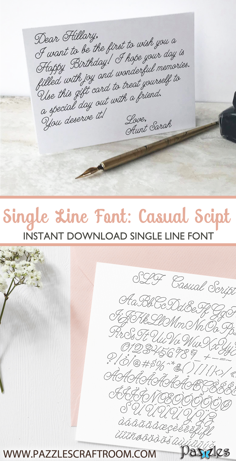 Pazzles Casual Script Single Line Font with instant download. Compatible with all major electronic cutters including Pazzles Inspiration, Cricut, and Silhouette Cameo. Design by Leslie Peppers.