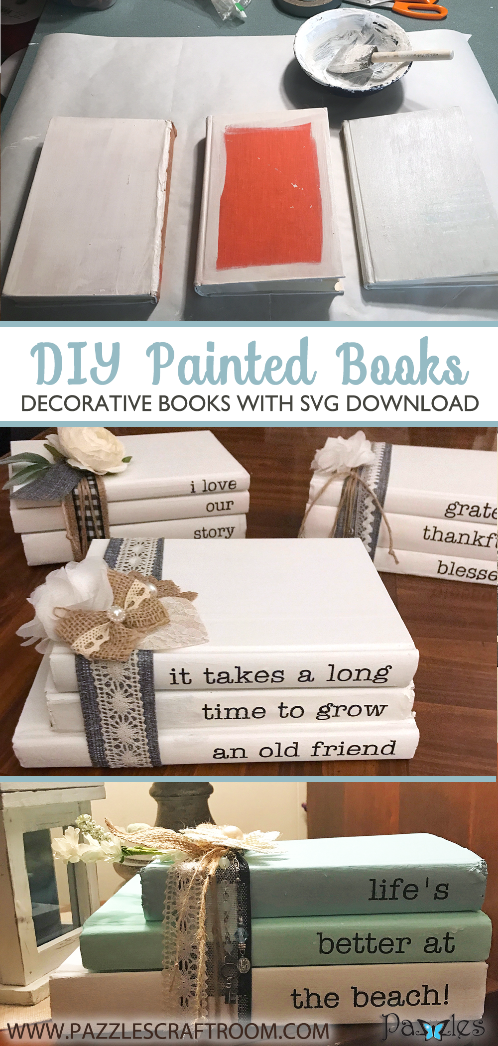 Pazzles DIY Chalk Painted Books with instant SVG download. Compatible with all major electronic cutters including Pazzles Inspiration, Cricut, and Silhouette Cameo. Design by Leslie Peppers.