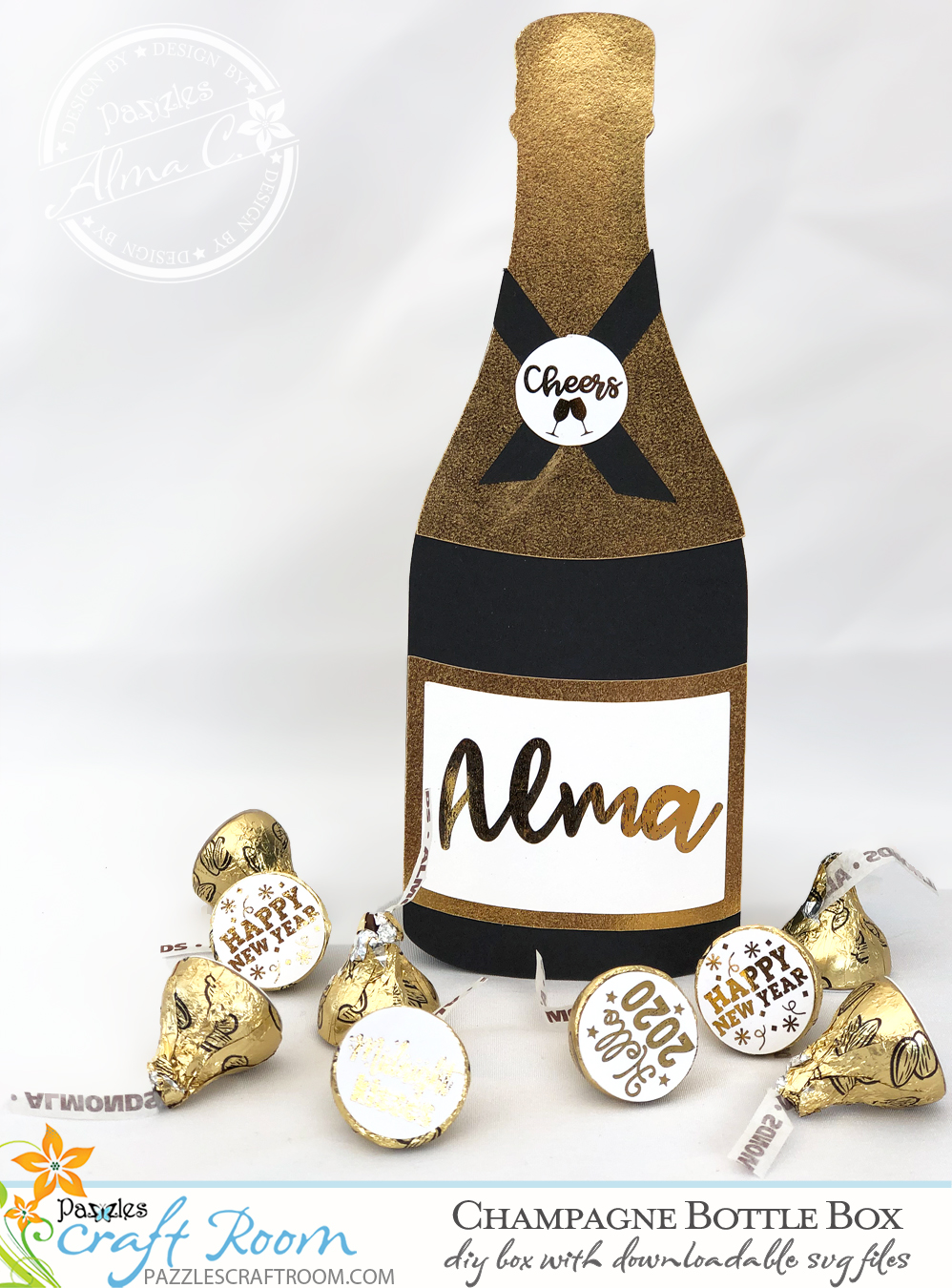 Pazzles DIY Champagne Bottle Box with instant SVG download. Compatible with all major electronic cutters including Pazzles Inspiration, Cricut, and Silhouette Cameo. Design by Alma Cervantes.