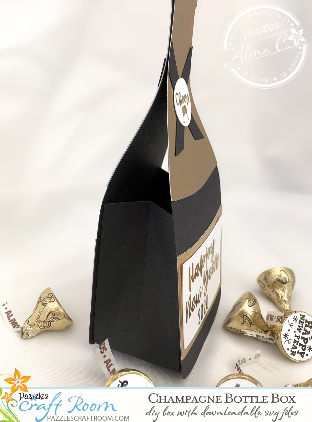 Pazzles DIY Champagne Bottle Box with instant SVG download. Compatible with all major electronic cutters including Pazzles Inspiration, Cricut, and Silhouette Cameo. Design by Alma Cervantes.