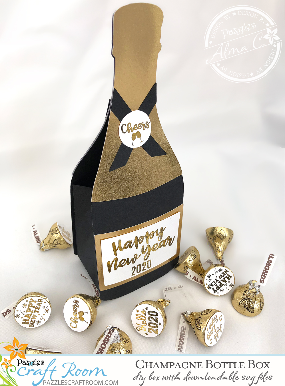 Pazzles DIY Champagne Bottle Box with instant SVG download. Compatible with all major electronic cutters including Pazzles Inspiration, Cricut, and Silhouette Cameo. Design by Alma Cervantes.