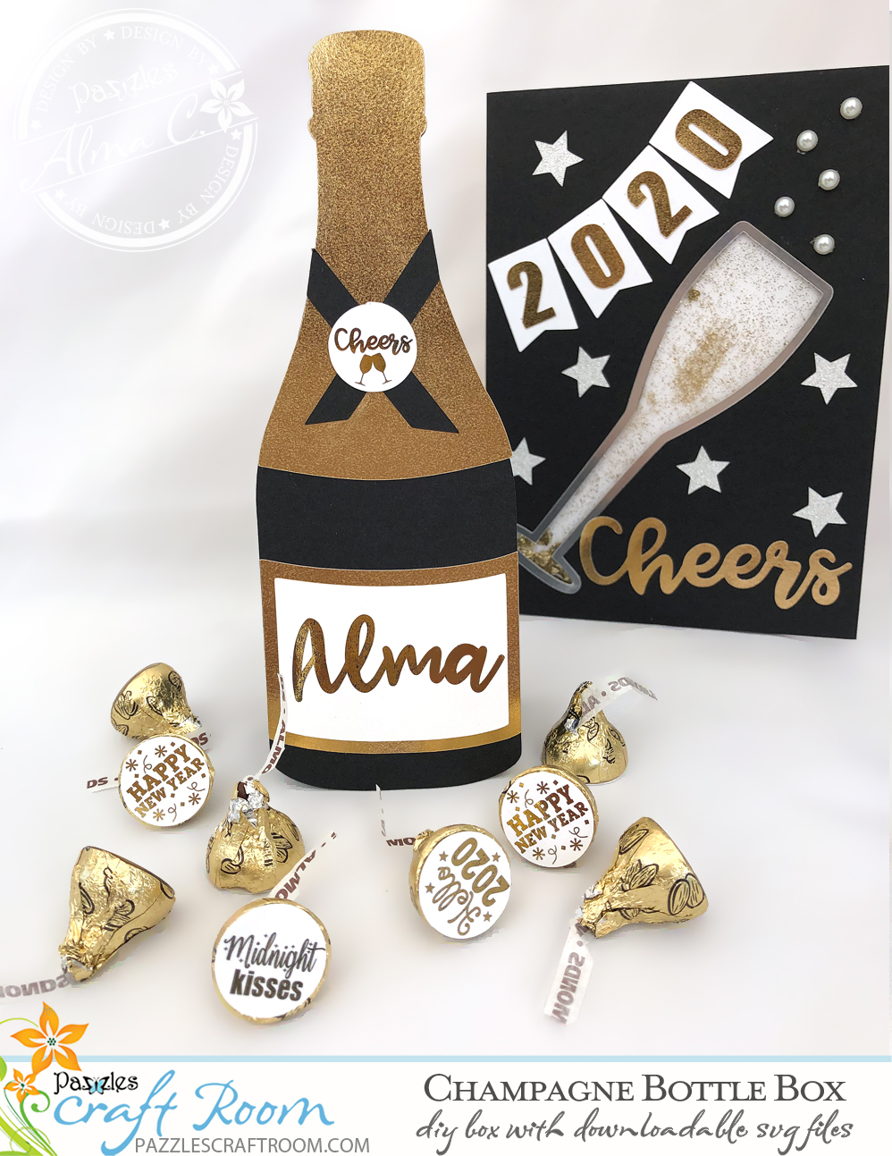 Pazzles DIY Champagne Bottle Box with instant SVG download. Compatible with all major electronic cutters including Pazzles Inspiration, Cricut, and Silhouette Cameo. Design by Alma Cervantes.