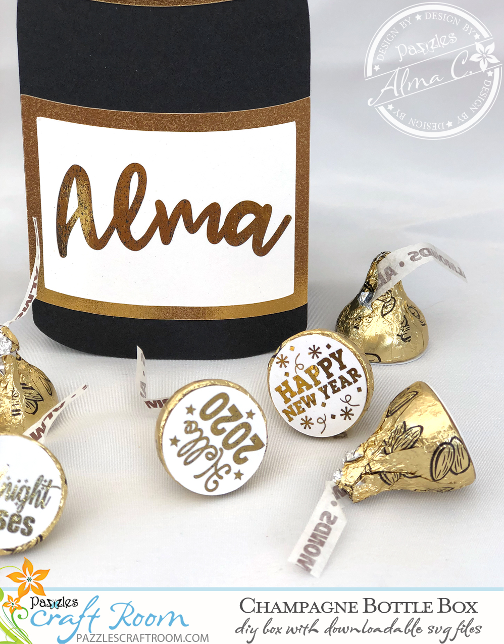 Pazzles DIY Champagne Bottle Box with instant SVG download. Compatible with all major electronic cutters including Pazzles Inspiration, Cricut, and Silhouette Cameo. Design by Alma Cervantes.