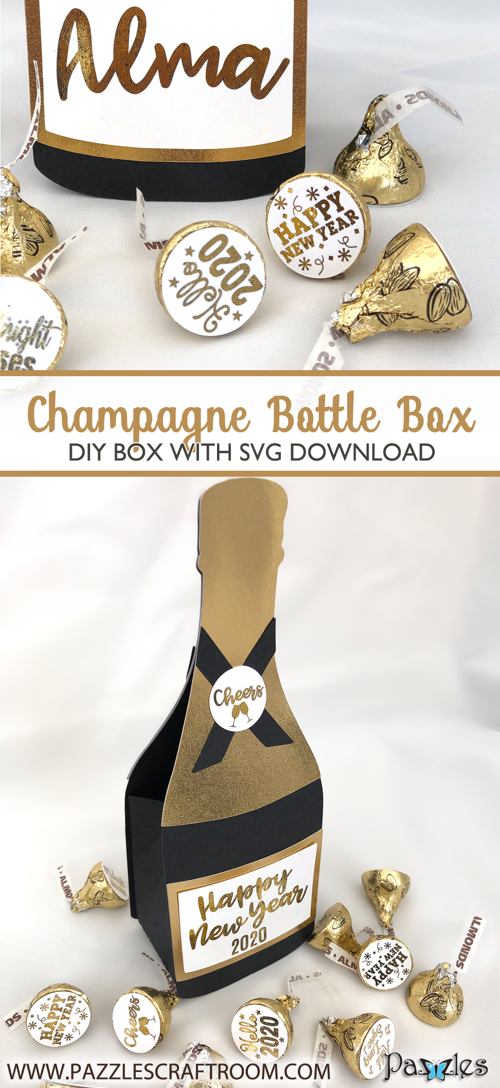 Pazzles DIY Champagne Bottle Box with instant SVG download. Compatible with all major electronic cutters including Pazzles Inspiration, Cricut, and Silhouette Cameo. Design by Alma Cervantes.