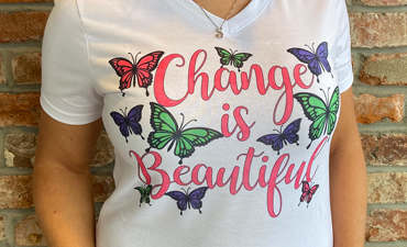Pazzles Change is Beautiful DIY Infusible Ink T-Shirt with instant SVG download. Compatible with all major electronic cutters including Pazzles Inspiration, Cricut, and Silhouette Cameo. Design by Sara Weber.