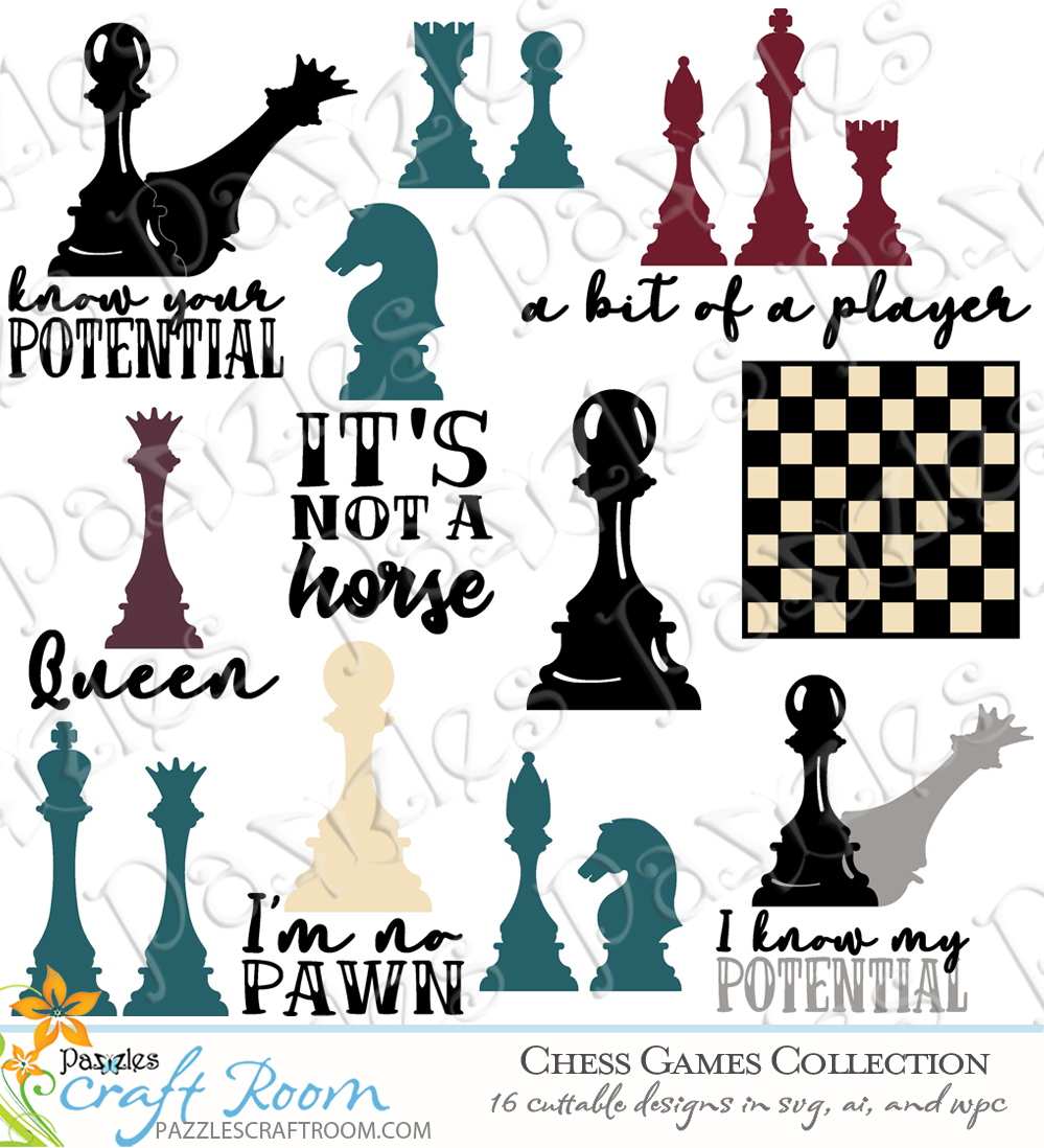 Pazzles DIY Chess Games Collection with 16 cuttable files in SVG, AI, and WPC. Instant SVG download compatible with all major electronic cutters including Pazzles Inspiration, Cricut, and Silhouette Cameo. Design by Amanda Vander Woude.