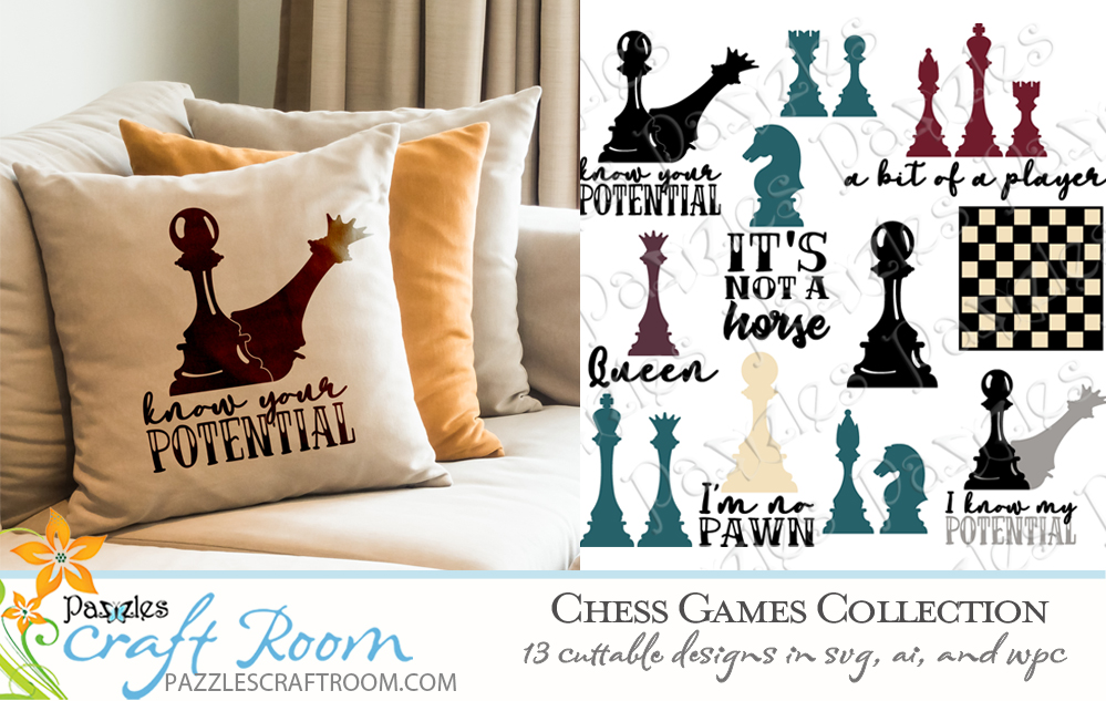 Pazzles DIY Chess Games Collection with 16 chess cuttable files in SVG, AI, and WPC. Instant SVG download compatible with all major electronic cutters including Pazzles Inspiration, Cricut, and Silhouette Cameo. Design by Amanda Vander Woude.
