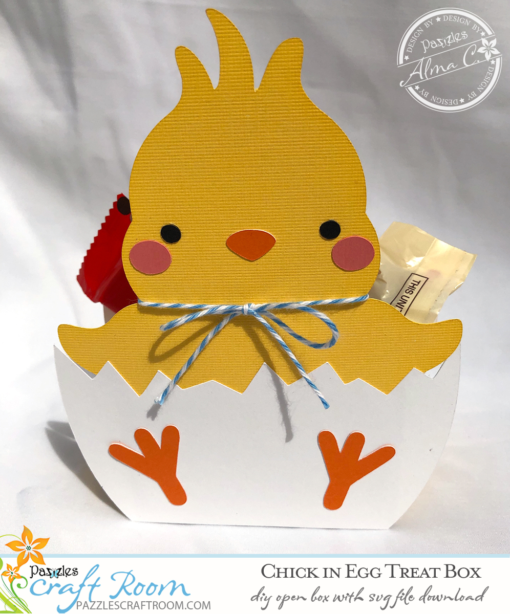 Pazzles DIY Chick Treat Box with instant SVG download. Compatible with all major electronic cutters including Pazzles Inspiration, Cricut, and Silhouette Cameo. Design by Alma Cervantes.