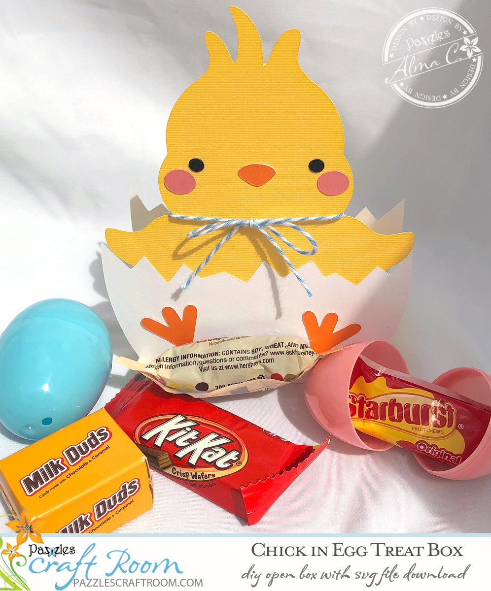 Pazzles DIY Chick Treat Box with instant SVG download. Compatible with all major electronic cutters including Pazzles Inspiration, Cricut, and Silhouette Cameo. Design by Alma Cervantes.