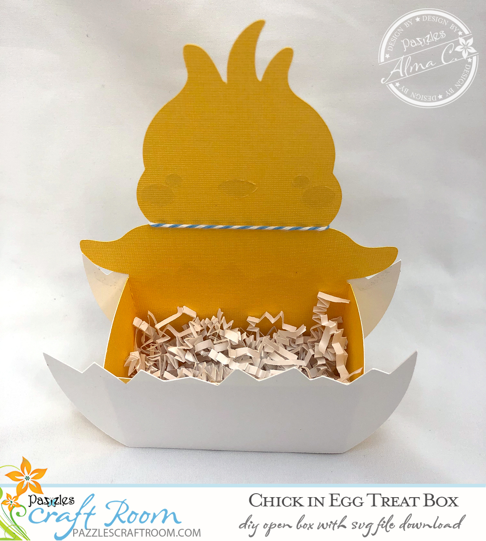 Pazzles DIY Chick Treat Box with instant SVG download. Compatible with all major electronic cutters including Pazzles Inspiration, Cricut, and Silhouette Cameo. Design by Alma Cervantes.