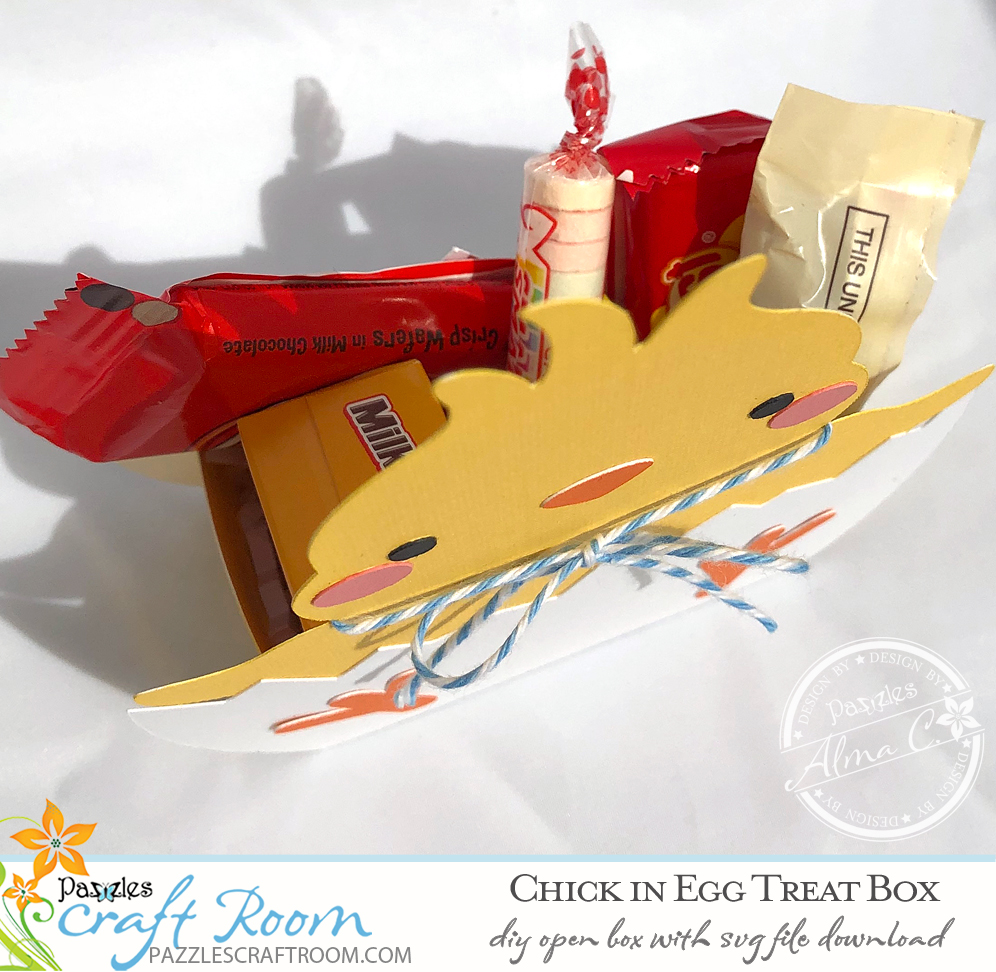 Pazzles DIY Chick Treat Box with instant SVG download. Compatible with all major electronic cutters including Pazzles Inspiration, Cricut, and Silhouette Cameo. Design by Alma Cervantes.