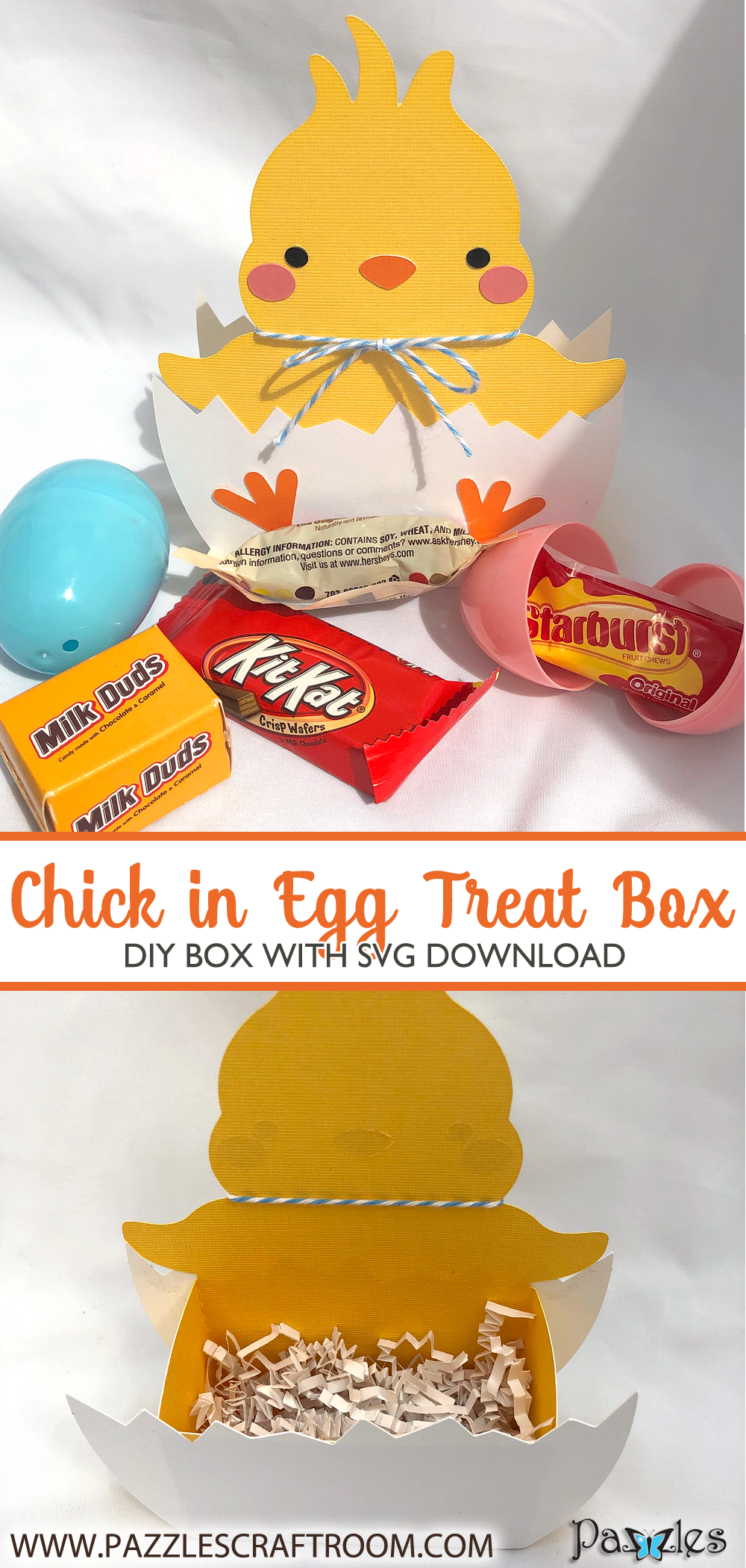 Pazzles DIY Chick Treat Box with instant SVG download. Compatible with all major electronic cutters including Pazzles Inspiration, Cricut, and Silhouette Cameo. Design by Alma Cervantes.