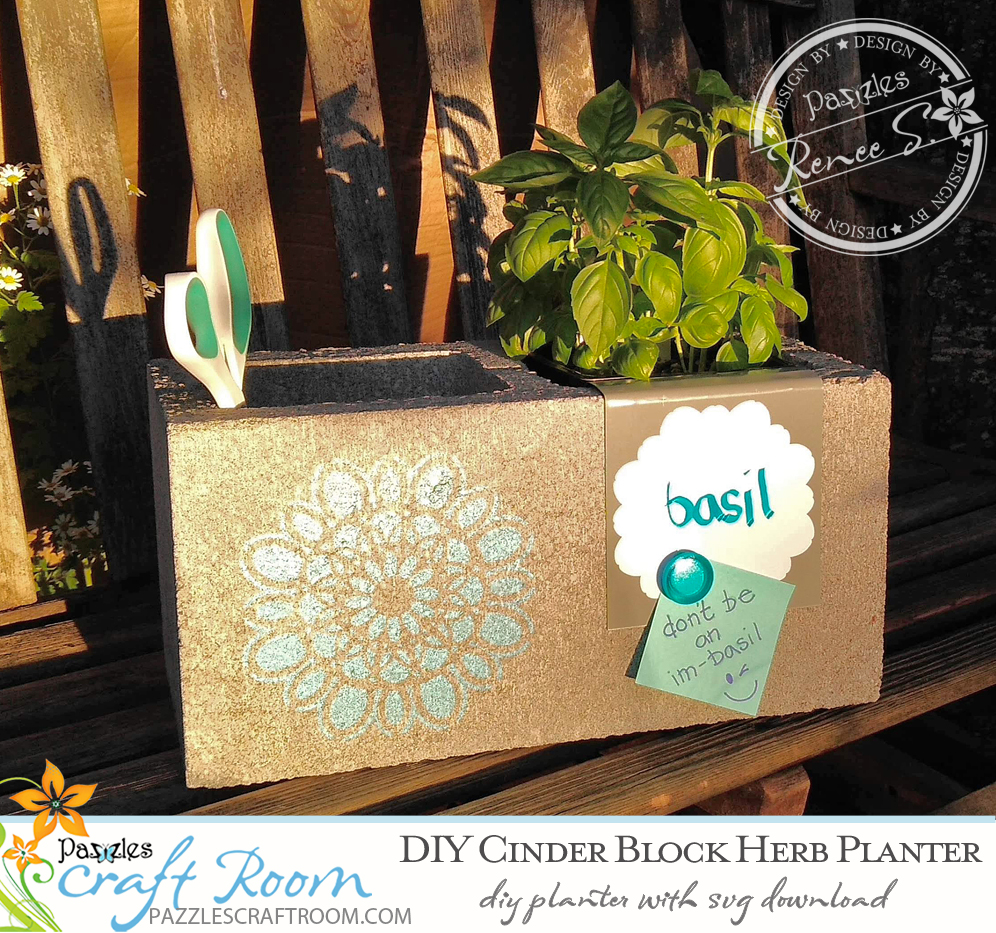 Pazzles DIY Cinder Block Planter with instant SVG download. Compatible with all major electronic cutters including Pazzles Inspiration, Cricut, and Silhouette Cameo. Design by Renee Smart.