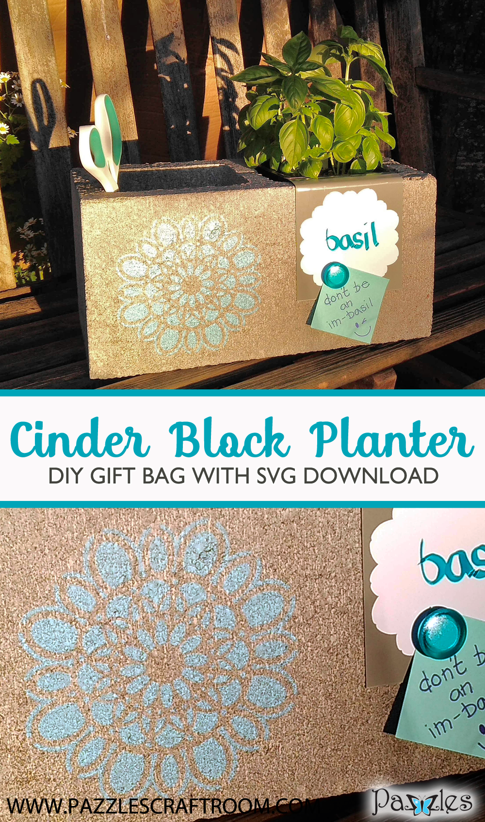 Pazzles DIY Cinder Block Planter with instant SVG download. Compatible with all major electronic cutters including Pazzles Inspiration, Cricut, and Silhouette Cameo. Design by Renee Smart.