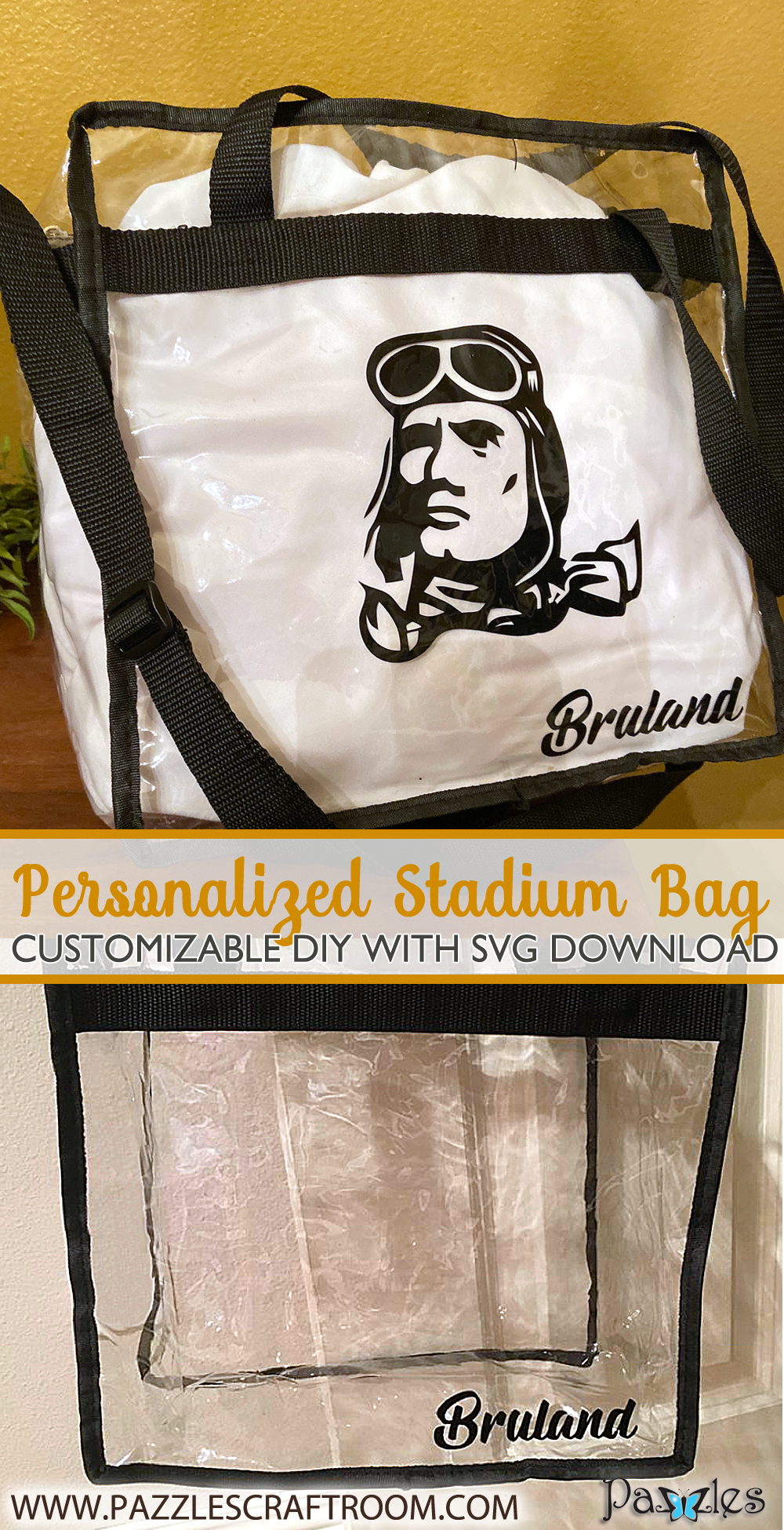 Pazzles Stadium DIY Custom Clear Bag with SVG download by Sara Weber. Compatible with all major electronic cutters including Pazzles Inspiration, Cricut, and Silhouette Cameo.