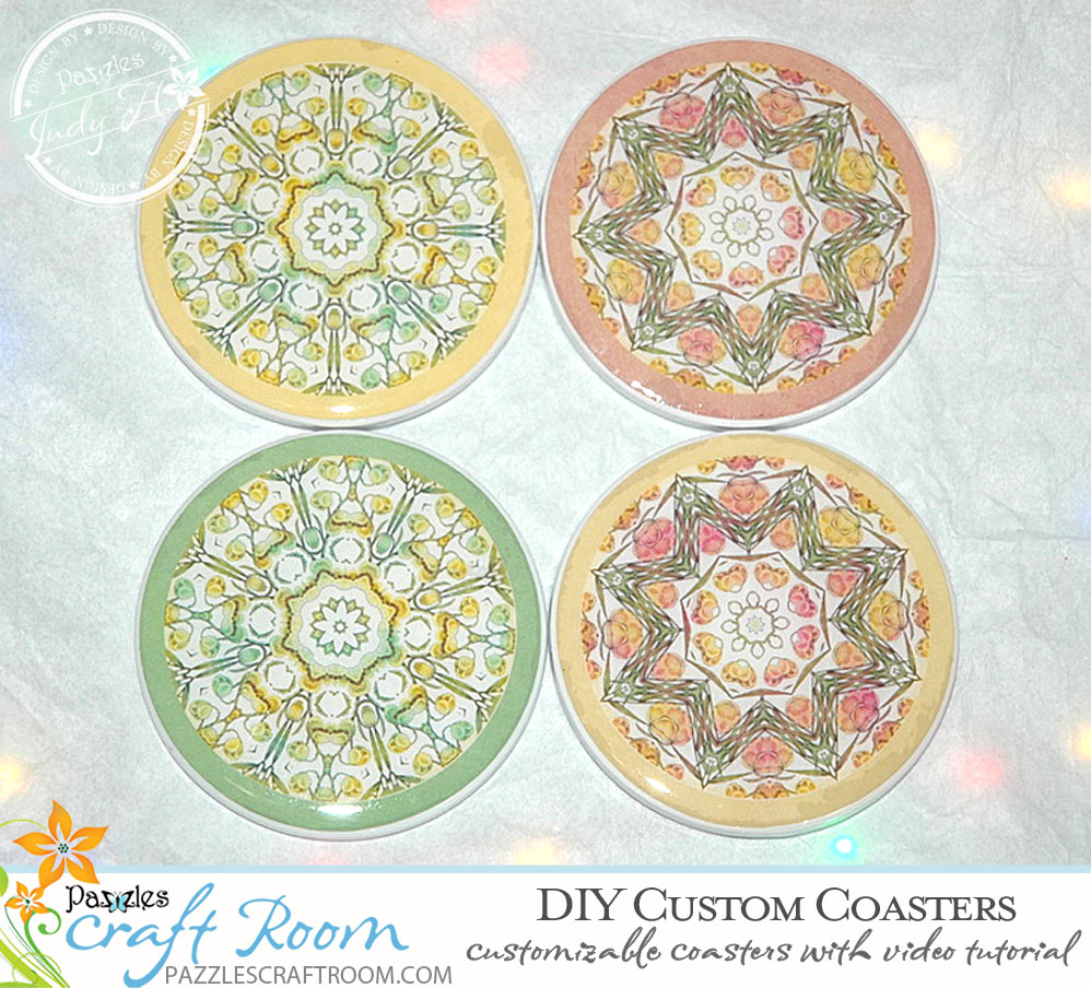 Pazzles DIY Custom Coasters with SVG download compatible with all major electronic cutters including Pazzles Inspiration, Cricut, and Silhouette Cameo. By Judy Hanson.