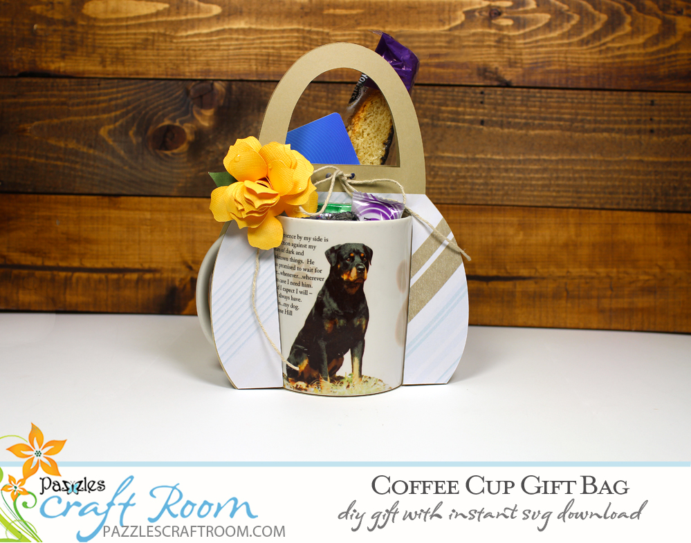 Pazzles DIY Coffee Cup Gift Bag. Instant SVG download compatible with all major electronic cutters including Pazzles Inspiration, Cricut, and Silhouette Cameo. Design by Amanda Vander Woude.