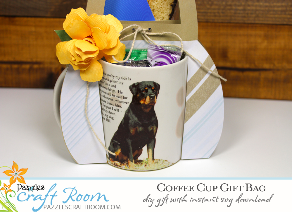 Pazzles DIY Coffee Cup Gift Bag. Instant SVG download compatible with all major electronic cutters including Pazzles Inspiration, Cricut, and Silhouette Cameo. Design by Amanda Vander Woude.