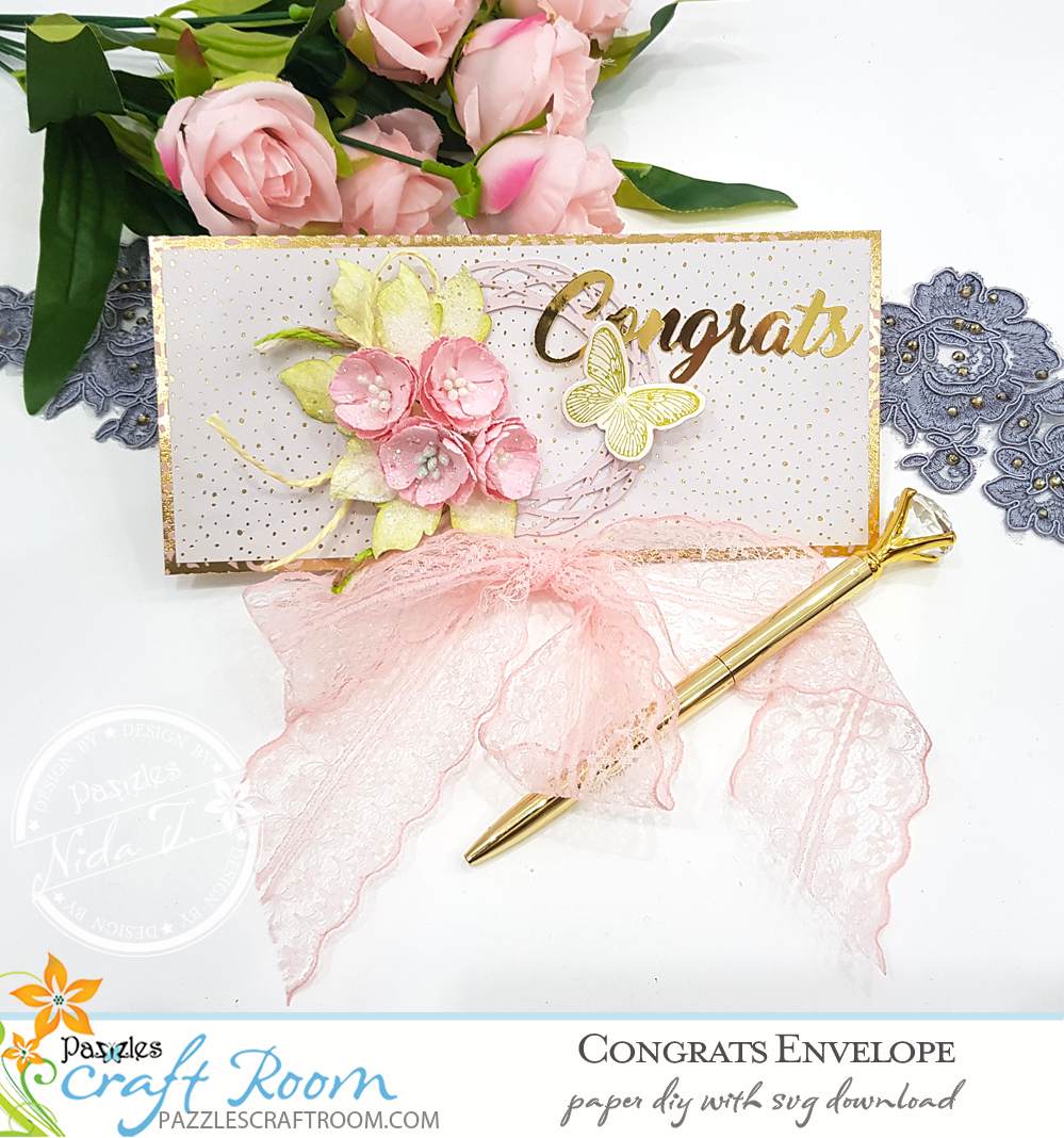 Pazzles DIY Congratulations Envelope with instant SVG download.  Instant SVG download compatible with all major electronic cutters including Pazzles Inspiration, Cricut, and Silhouette Cameo. Design by Nida Tanweer.