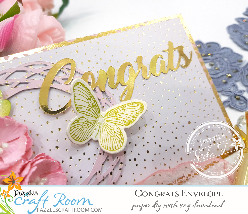 Pazzles DIY Congratulations Envelope with instant SVG download.  Instant SVG download compatible with all major electronic cutters including Pazzles Inspiration, Cricut, and Silhouette Cameo. Design by Nida Tanweer.