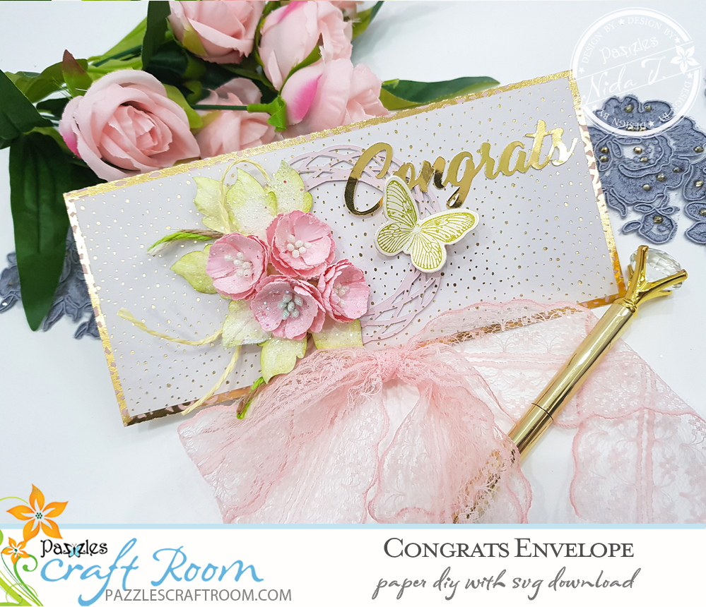 Pazzles DIY Congratulations Envelope with instant SVG download.  Instant SVG download compatible with all major electronic cutters including Pazzles Inspiration, Cricut, and Silhouette Cameo. Design by Nida Tanweer.