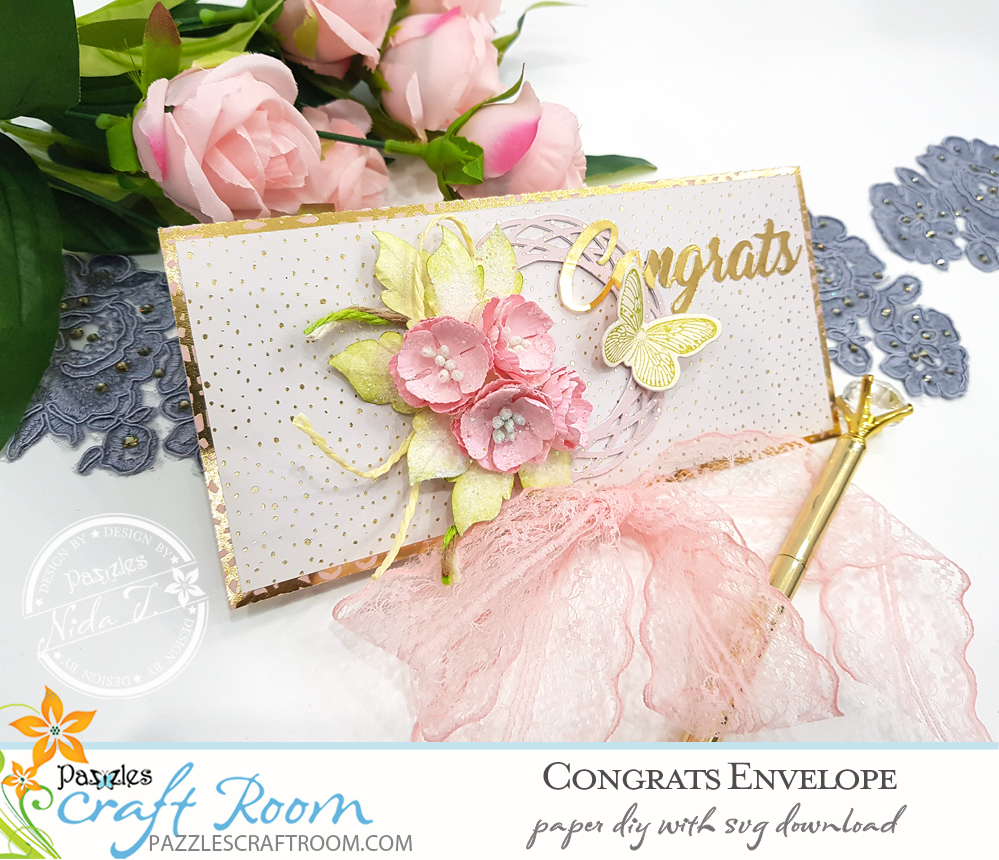 Pazzles DIY Congratulations Envelope with instant SVG download.  Instant SVG download compatible with all major electronic cutters including Pazzles Inspiration, Cricut, and Silhouette Cameo. Design by Nida Tanweer.