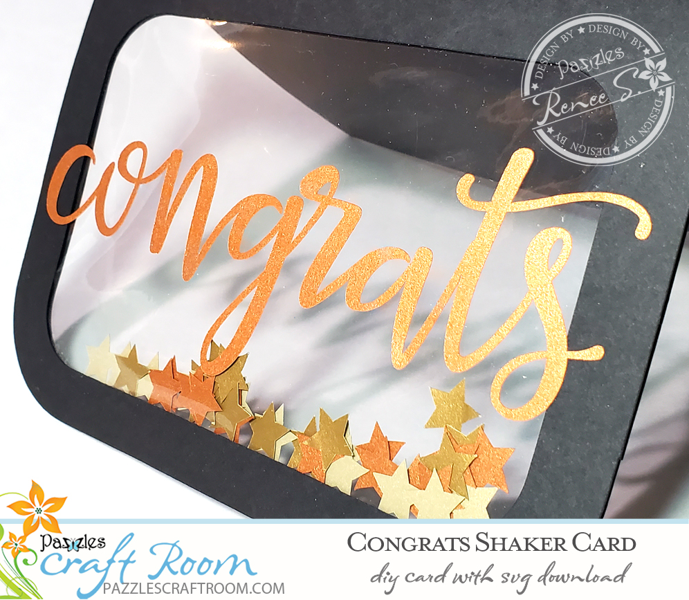 Pazzles DIY Congrats Shaker Card with instant SVG download. Compatible with all major electronic cutters including Pazzles Inspiration, Silhouette Cameo, and Cricut. Design by Renee Smart.