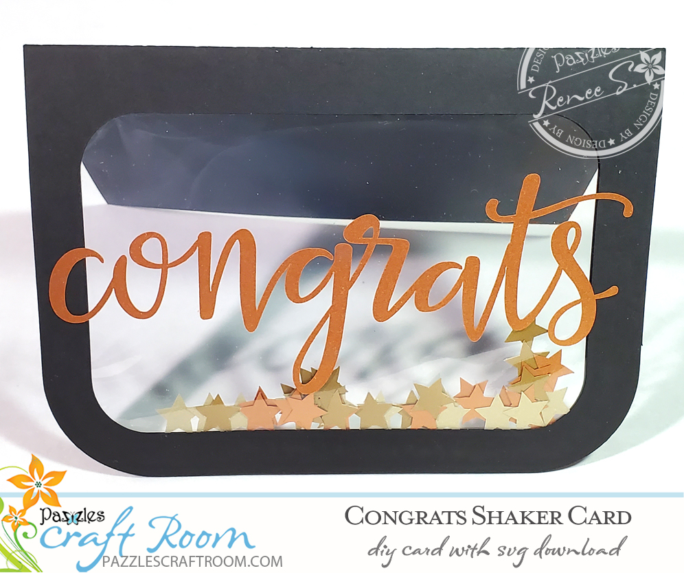 Pazzles DIY Congrats Shaker Card with instant SVG download. Compatible with all major electronic cutters including Pazzles Inspiration, Silhouette Cameo, and Cricut. Design by Renee Smart.