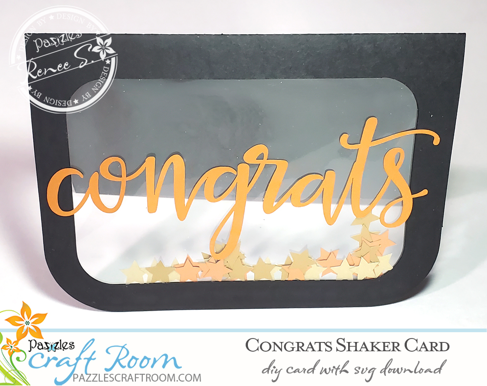 Pazzles DIY Congrats Shaker Card with instant SVG download. Compatible with all major electronic cutters including Pazzles Inspiration, Silhouette Cameo, and Cricut. Design by Renee Smart.