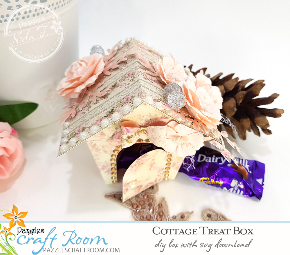 Pazzles DIY Cottage Treat Box with SVG download. Instant SVG download compatible with all major electronic cutters including Pazzles Inspiration, Cricut, and Silhouette Cameo. Design by Nida Tanweer.