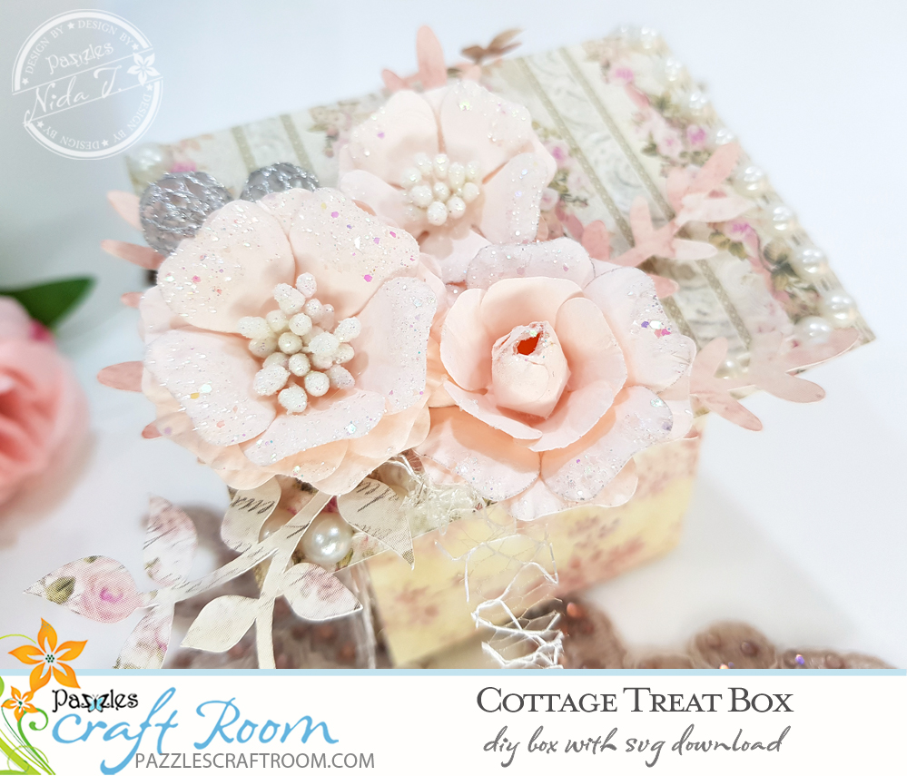 Pazzles DIY Cottage Treat Box with SVG download. Instant SVG download compatible with all major electronic cutters including Pazzles Inspiration, Cricut, and Silhouette Cameo. Design by Nida Tanweer.