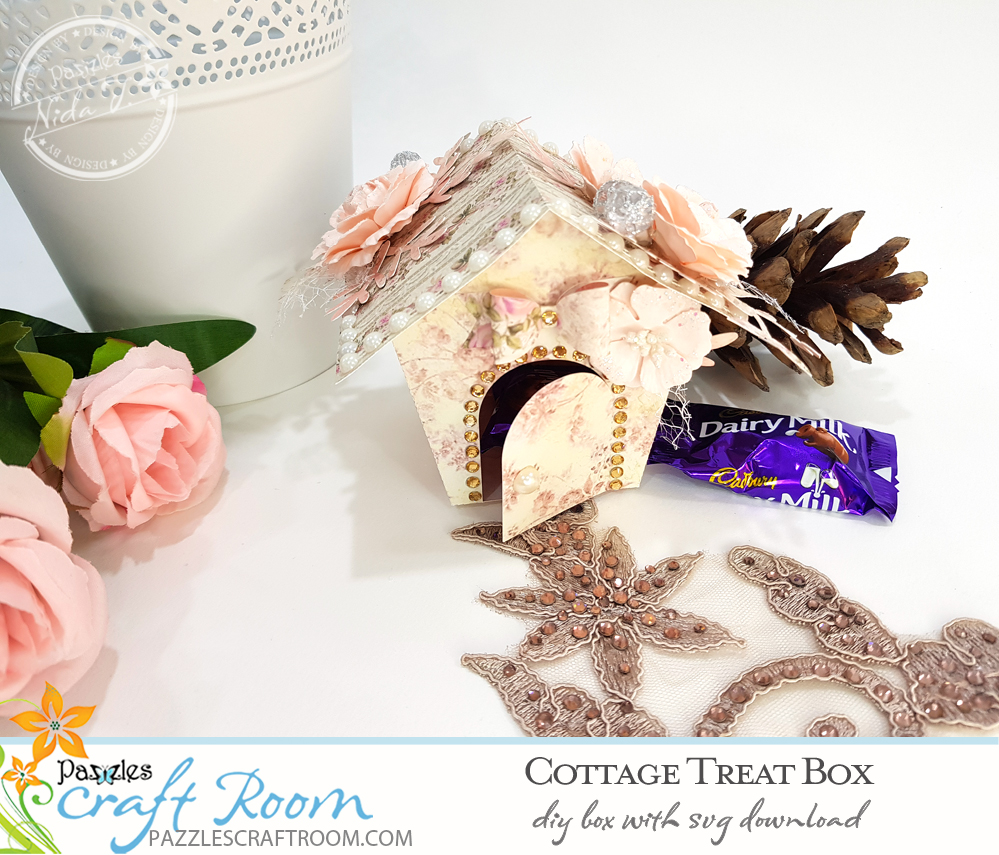 Pazzles DIY Cottage Treat Box with SVG download. Instant SVG download compatible with all major electronic cutters including Pazzles Inspiration, Cricut, and Silhouette Cameo. Design by Nida Tanweer.