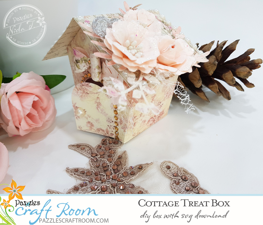 Pazzles DIY Cottage Treat Box with SVG download. Instant SVG download compatible with all major electronic cutters including Pazzles Inspiration, Cricut, and Silhouette Cameo. Design by Nida Tanweer.