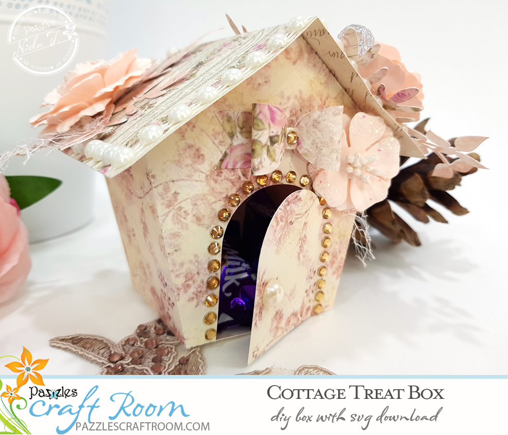 Pazzles DIY Cottage Treat Box with SVG download. Instant SVG download compatible with all major electronic cutters including Pazzles Inspiration, Cricut, and Silhouette Cameo. Design by Nida Tanweer.