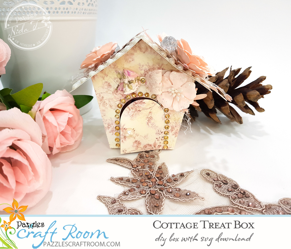 Pazzles DIY Cottage Treat Box with SVG download. Instant SVG download compatible with all major electronic cutters including Pazzles Inspiration, Cricut, and Silhouette Cameo. Design by Nida Tanweer.